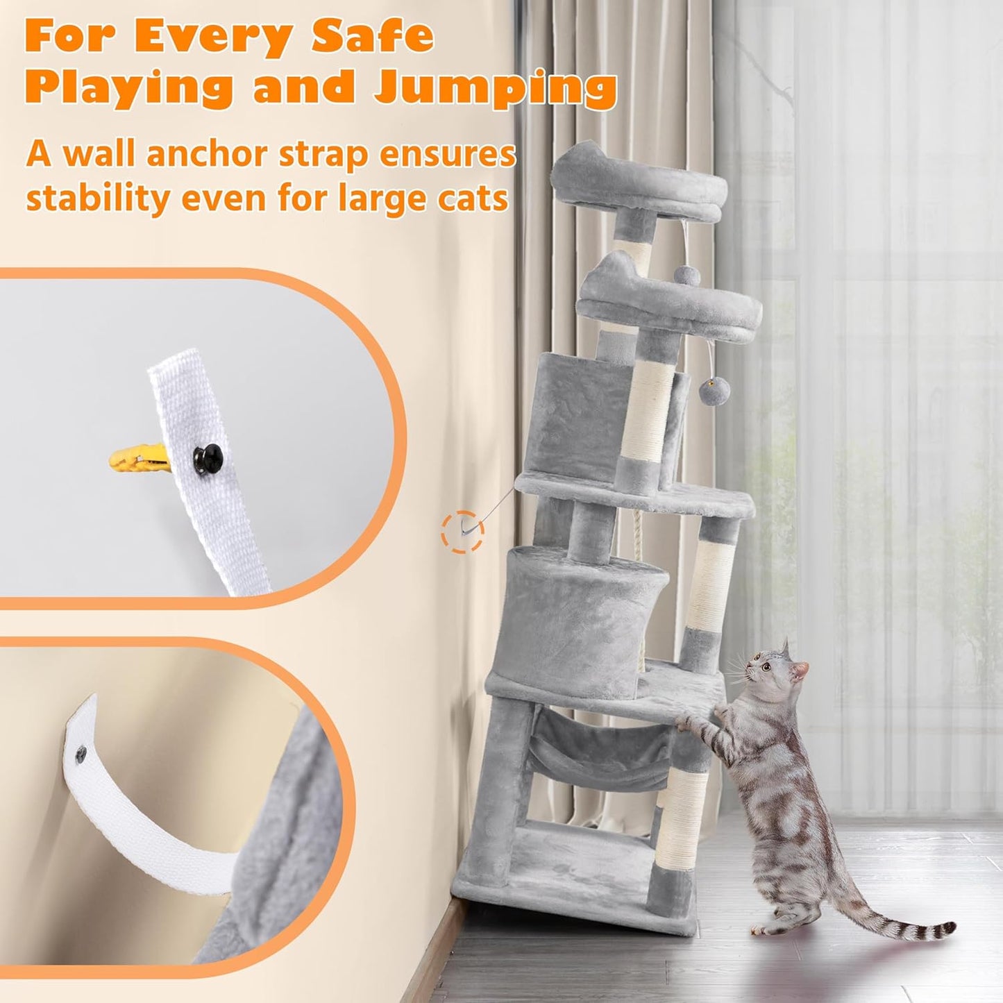 62.5Inches Cat Tree Cat Tower Cat Condo with Platform & Hammock, Scratching Posts for Kittens Pet Play House with Plush Perch for Indoor Activity Relaxing, Light Gray
