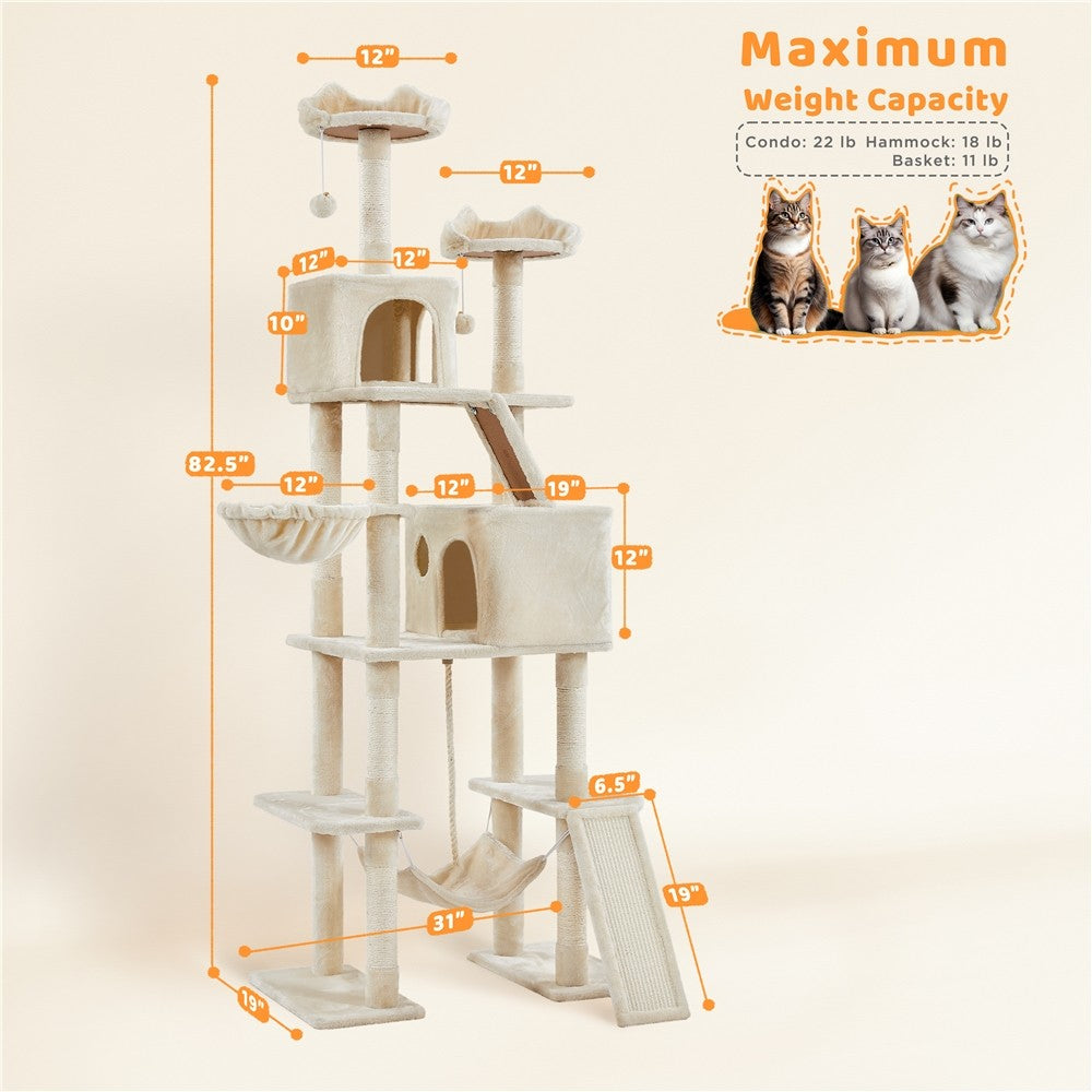 82.5In Multi Level Cat Tree for Large Cat Tower with Condo and Scratching Post