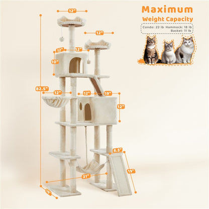 82.5In Multi Level Cat Tree for Large Cat Tower with Condo and Scratching Post